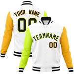 Custom White Gold-Neon Green Raglan Sleeves Varsity Full-Snap Letterman Jacket | BuyFootballJersey