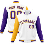 Custom White Purple-Gold Raglan Sleeves Varsity Full-Snap Letterman Jacket | BuyFootballJersey
