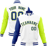 Custom White Neon Green-Royal Raglan Sleeves Varsity Full-Snap Letterman Jacket | BuyFootballJersey