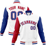 Custom White Royal-Red Raglan Sleeves Varsity Full-Snap Letterman Jacket | BuyFootballJersey