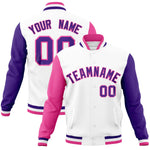 Custom White Purple-Pink Raglan Sleeves Varsity Full-Snap Letterman Jacket | BuyFootballJersey