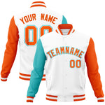 Custom White Orange-Bright Green Raglan Sleeves Varsity Full-Snap Letterman Jacket | BuyFootballJersey