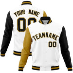 Custom White Black-Old Gold Raglan Sleeves Varsity Full-Snap Letterman Jacket | BuyFootballJersey