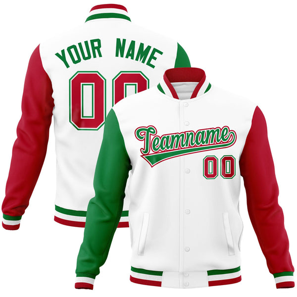 Custom White Red-Kelly Green Raglan Sleeves Varsity Full-Snap Letterman Jacket | BuyFootballJersey