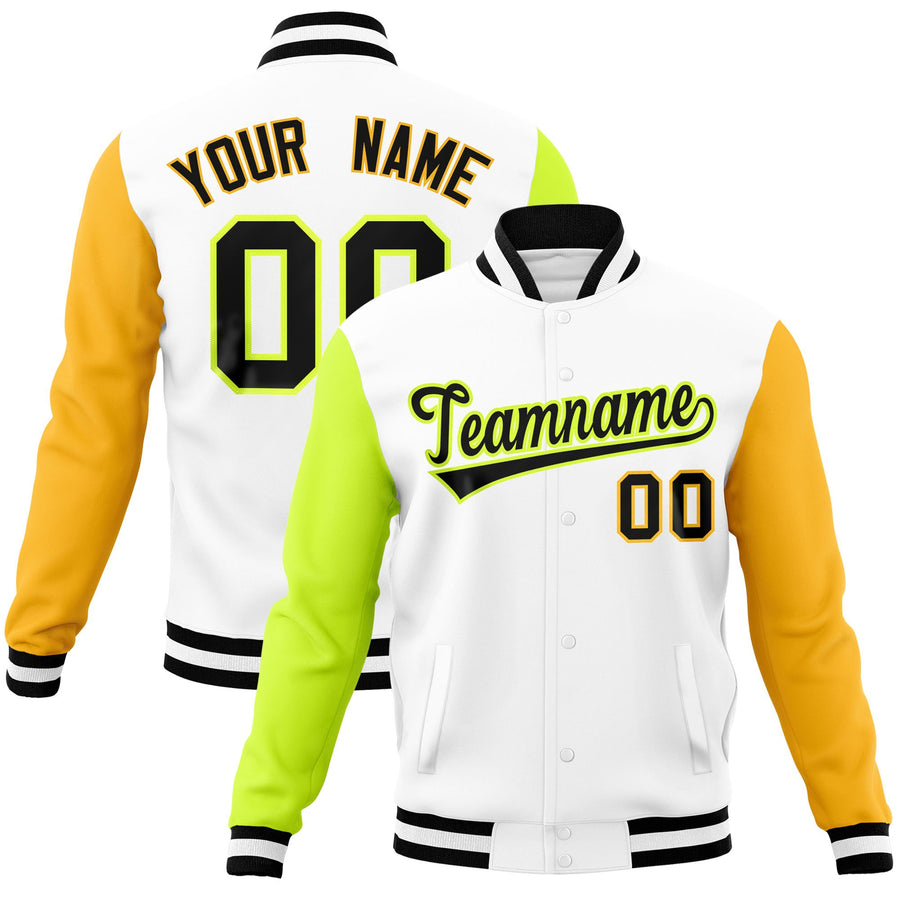 Custom White Gold-Neon Green Raglan Sleeves Varsity Full-Snap Letterman Jacket | BuyFootballJersey