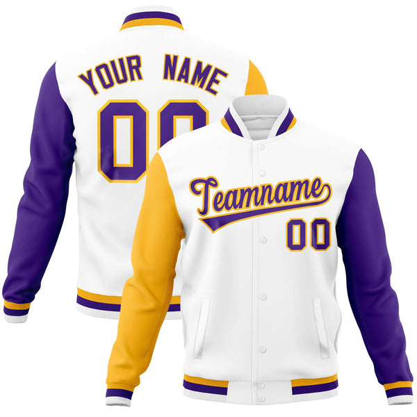 Custom White Purple-Gold Raglan Sleeves Varsity Full-Snap Letterman Jacket | BuyFootballJersey