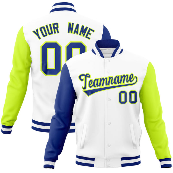 Custom White Neon Green-Royal Raglan Sleeves Varsity Full-Snap Letterman Jacket | BuyFootballJersey