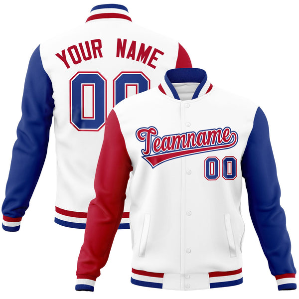 Custom White Royal-Red Raglan Sleeves Varsity Full-Snap Letterman Jacket | BuyFootballJersey
