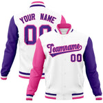 Custom White Purple-Pink Raglan Sleeves Varsity Full-Snap Letterman Jacket | BuyFootballJersey