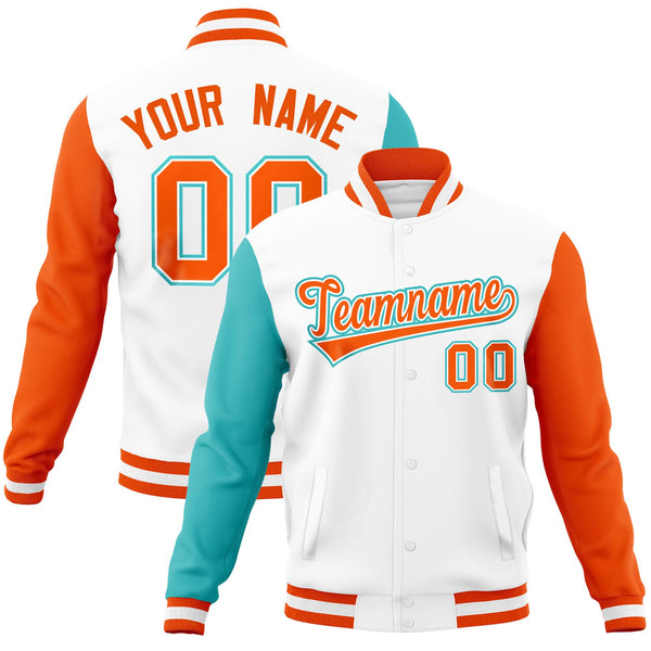 Custom White Orange-Bright Green Raglan Sleeves Varsity Full-Snap Letterman Jacket | BuyFootballJersey