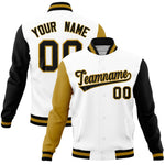 Custom White Black-Old Gold Raglan Sleeves Varsity Full-Snap Letterman Jacket | BuyFootballJersey
