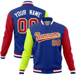 Custom Royal Red-Neon Green Raglan Sleeves Varsity Full-Snap Letterman Jacket | BuyFootballJersey