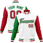 Custom White Red-Kelly Green Raglan Sleeves Varsity Full-Snap Letterman Jacket | BuyFootballJersey