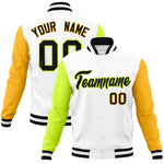 Custom White Gold-Neon Green Raglan Sleeves Varsity Full-Snap Letterman Jacket | BuyFootballJersey