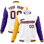 Custom White Purple-Gold Raglan Sleeves Varsity Full-Snap Letterman Jacket | BuyFootballJersey