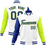 Custom White Neon Green-Royal Raglan Sleeves Varsity Full-Snap Letterman Jacket | BuyFootballJersey