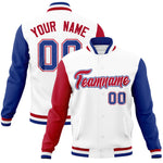 Custom White Royal-Red Raglan Sleeves Varsity Full-Snap Letterman Jacket | BuyFootballJersey
