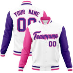 Custom White Purple-Pink Raglan Sleeves Varsity Full-Snap Letterman Jacket | BuyFootballJersey