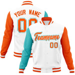 Custom White Orange-Bright Green Raglan Sleeves Varsity Full-Snap Letterman Jacket | BuyFootballJersey