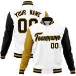 Custom White Black-Old Gold Raglan Sleeves Varsity Full-Snap Letterman Jacket | BuyFootballJersey