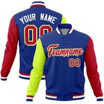 Custom Royal Red-Neon Green Raglan Sleeves Varsity Full-Snap Letterman Jacket | BuyFootballJersey