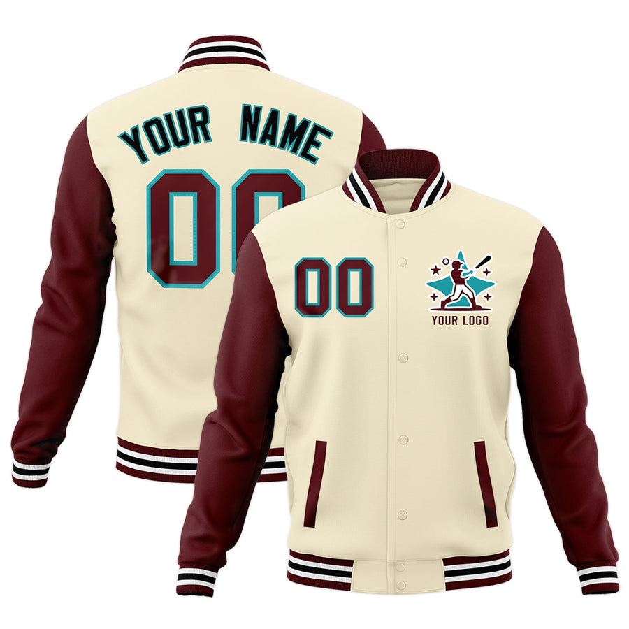 Custom Cream Crimson White Raglan Sleeves Full-Snap Letterman Cotton Fabric Jacket | BuyFootballJersey