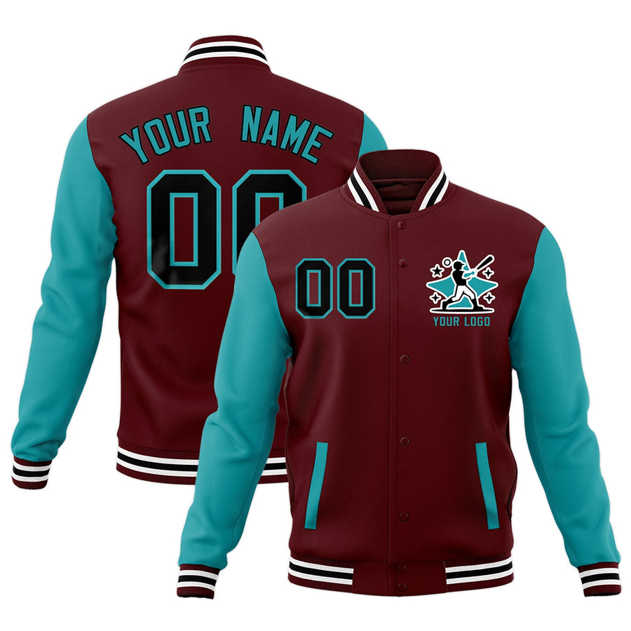 Custom Crimson Aqua White Raglan Sleeves Full-Snap Letterman Cotton Fabric Jacket | BuyFootballJersey