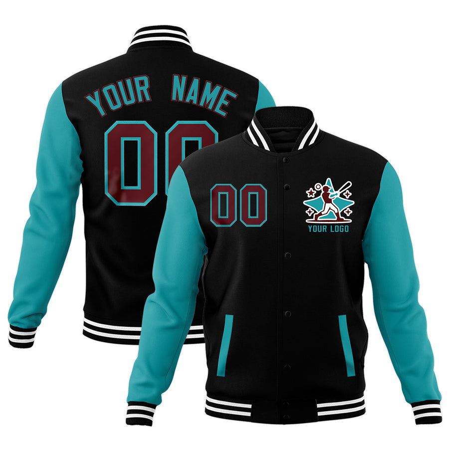 Custom Black Aqua White Raglan Sleeves Full-Snap Letterman Cotton Fabric Jacket | BuyFootballJersey