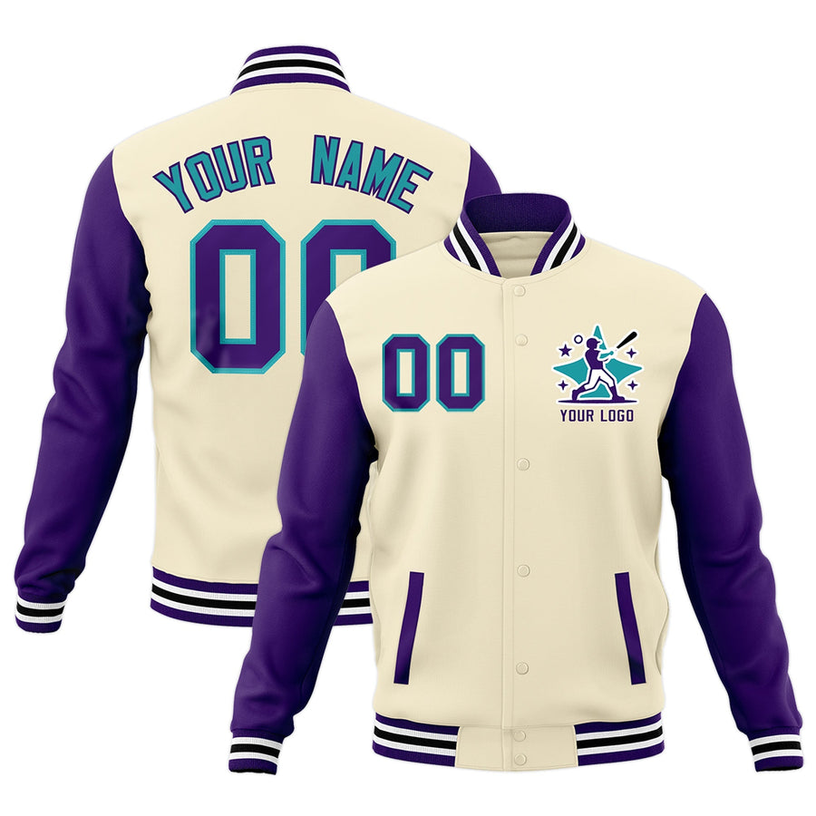 Custom Cream Purple White Raglan Sleeves Full-Snap Letterman Cotton Fabric Jacket | BuyFootballJersey
