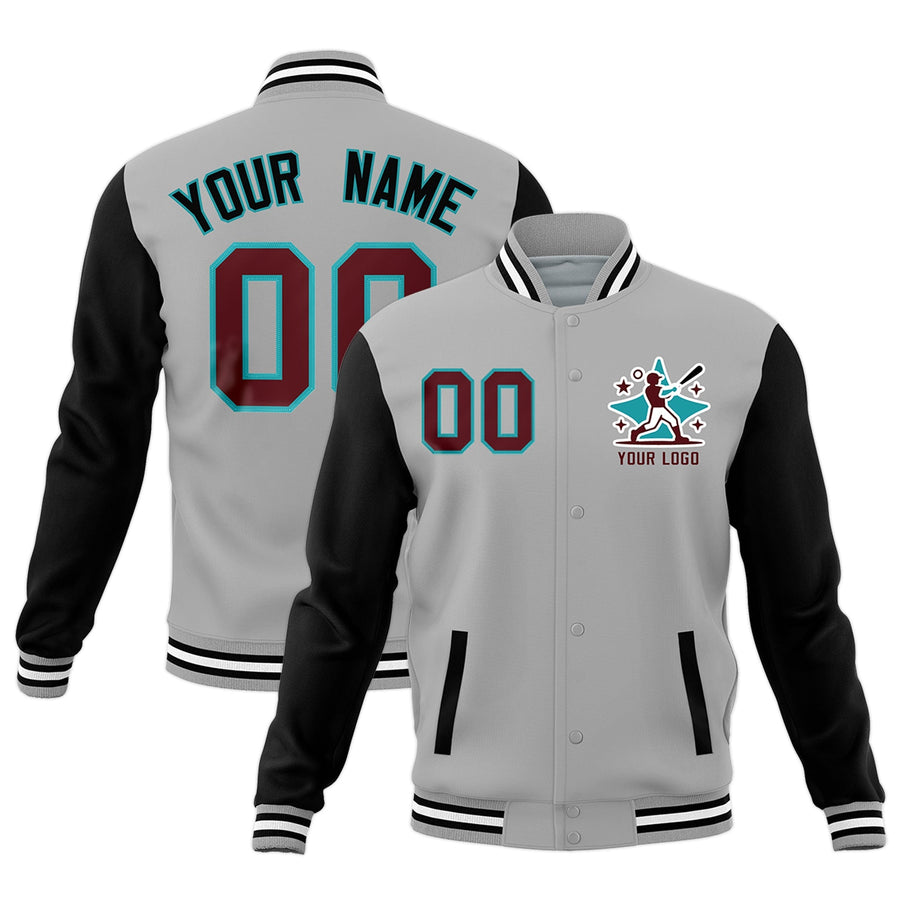 Custom Gray Black White Raglan Sleeves Full-Snap Letterman Cotton Fabric Jacket | BuyFootballJersey