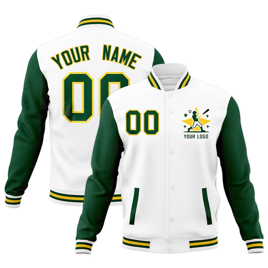 Custom White Green Gold Raglan Sleeves Full-Snap Letterman Cotton Fabric Jacket | BuyFootballJersey