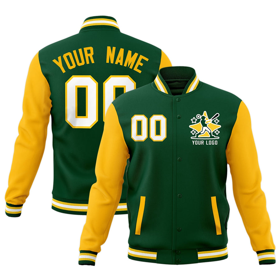Custom Green Gold White Raglan Sleeves Full-Snap Letterman Cotton Fabric Jacket | BuyFootballJersey