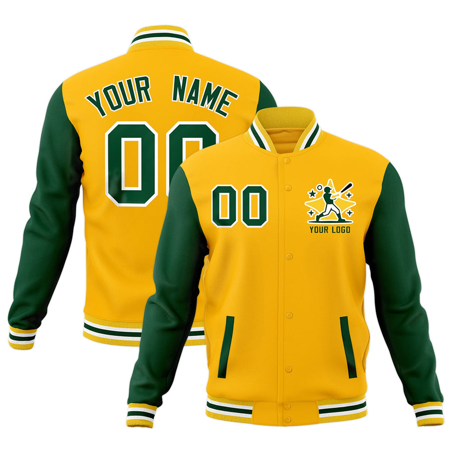 Custom Gold Green White Raglan Sleeves Full-Snap Letterman Cotton Fabric Jacket | BuyFootballJersey