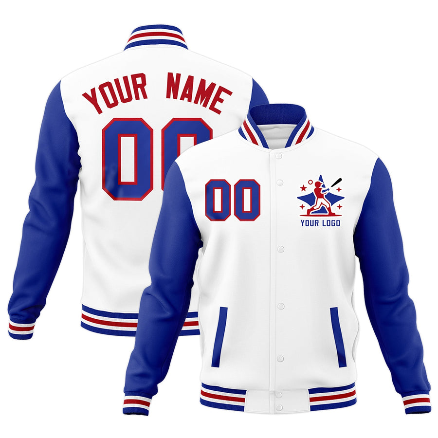 Custom Royal Blue White Red Raglan Sleeves Full-Snap Letterman Cotton Fabric Jacket | BuyFootballJersey