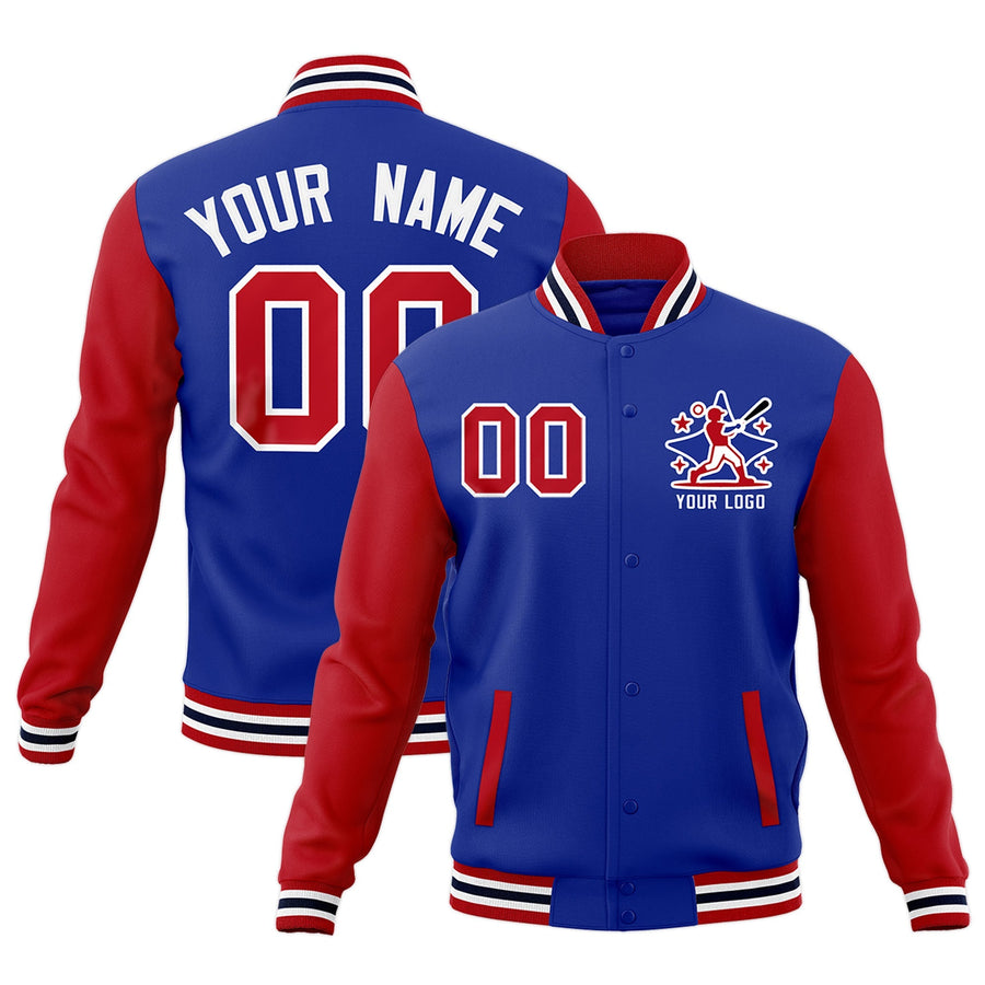 Custom Royal Blue Red White Raglan Sleeves Full-Snap Letterman Cotton Fabric Jacket | BuyFootballJersey
