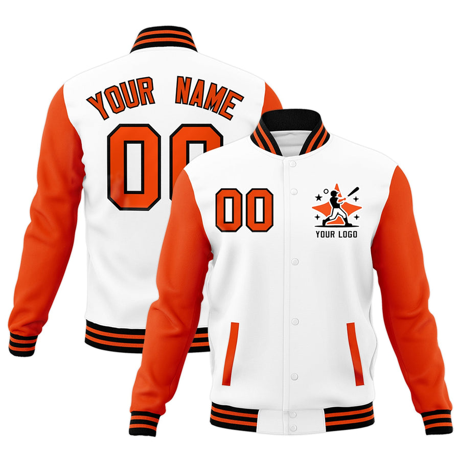 Custom White Orange Black Raglan Sleeves Full-Snap Letterman Cotton Fabric Jacket | BuyFootballJersey