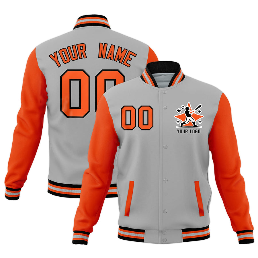 Custom Gray Orange Black Raglan Sleeves Full-Snap Letterman Cotton Fabric Jacket | BuyFootballJersey