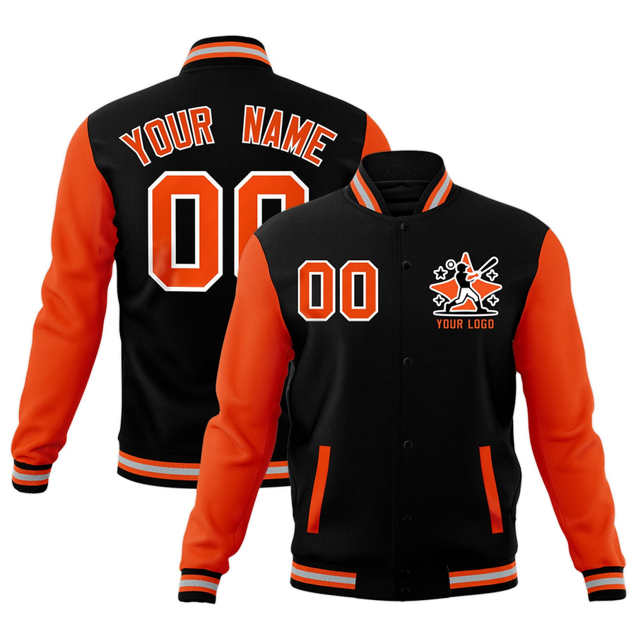 Custom Black Orange Gray Raglan Sleeves Full-Snap Letterman Cotton Fabric Jacket | BuyFootballJersey
