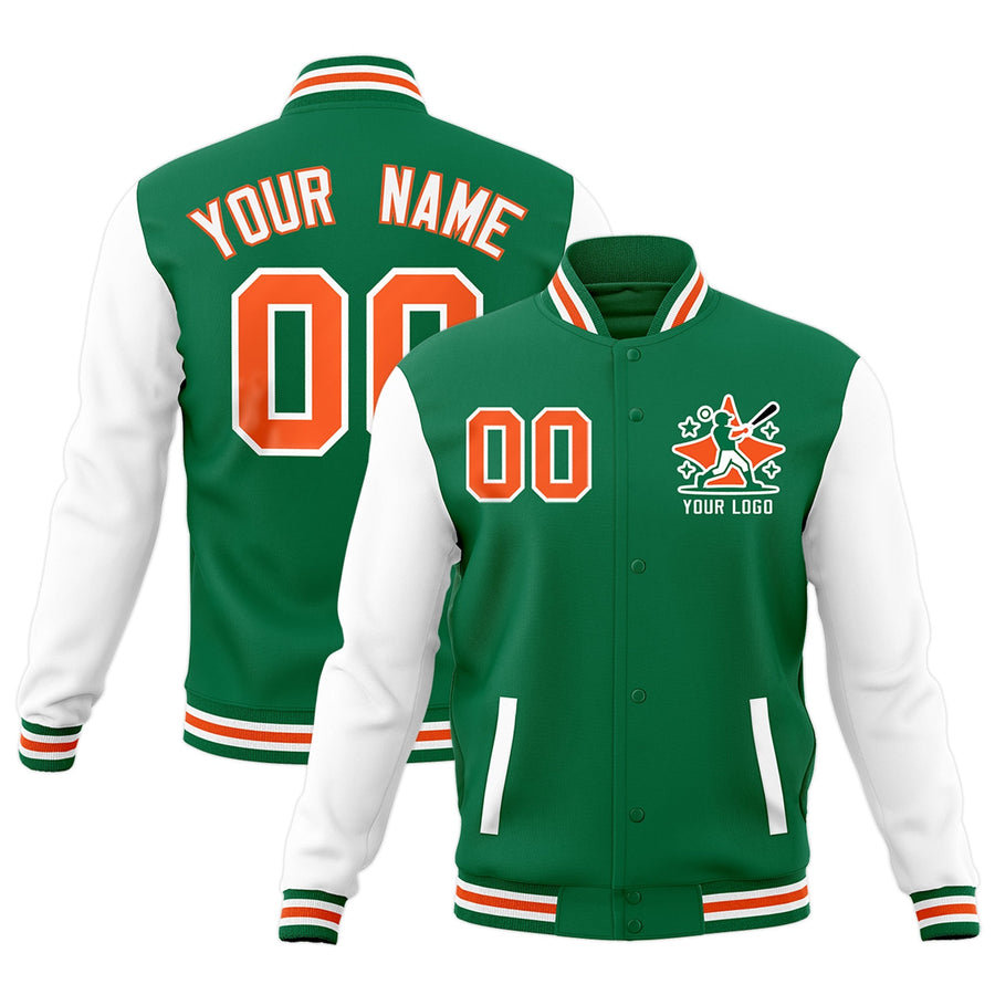 Custom Kelly Green White Orange Raglan Sleeves Full-Snap Letterman Cotton Fabric Jacket | BuyFootballJersey