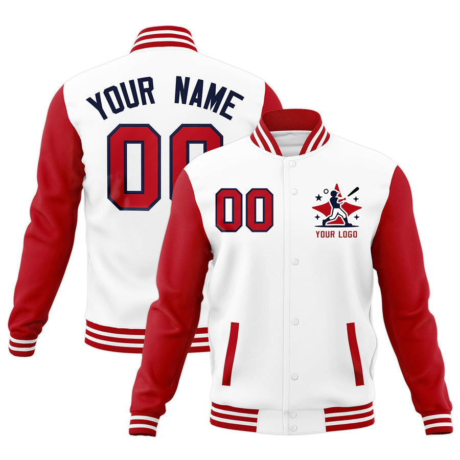 Custom White Red Black Raglan Sleeves Full-Snap Letterman Cotton Fabric Jacket | BuyFootballJersey