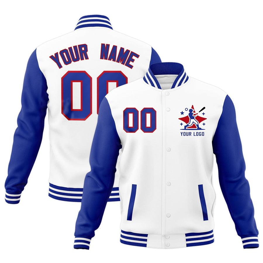 Custom White Royal Blue Red Raglan Sleeves Full-Snap Letterman Cotton Fabric Jacket | BuyFootballJersey