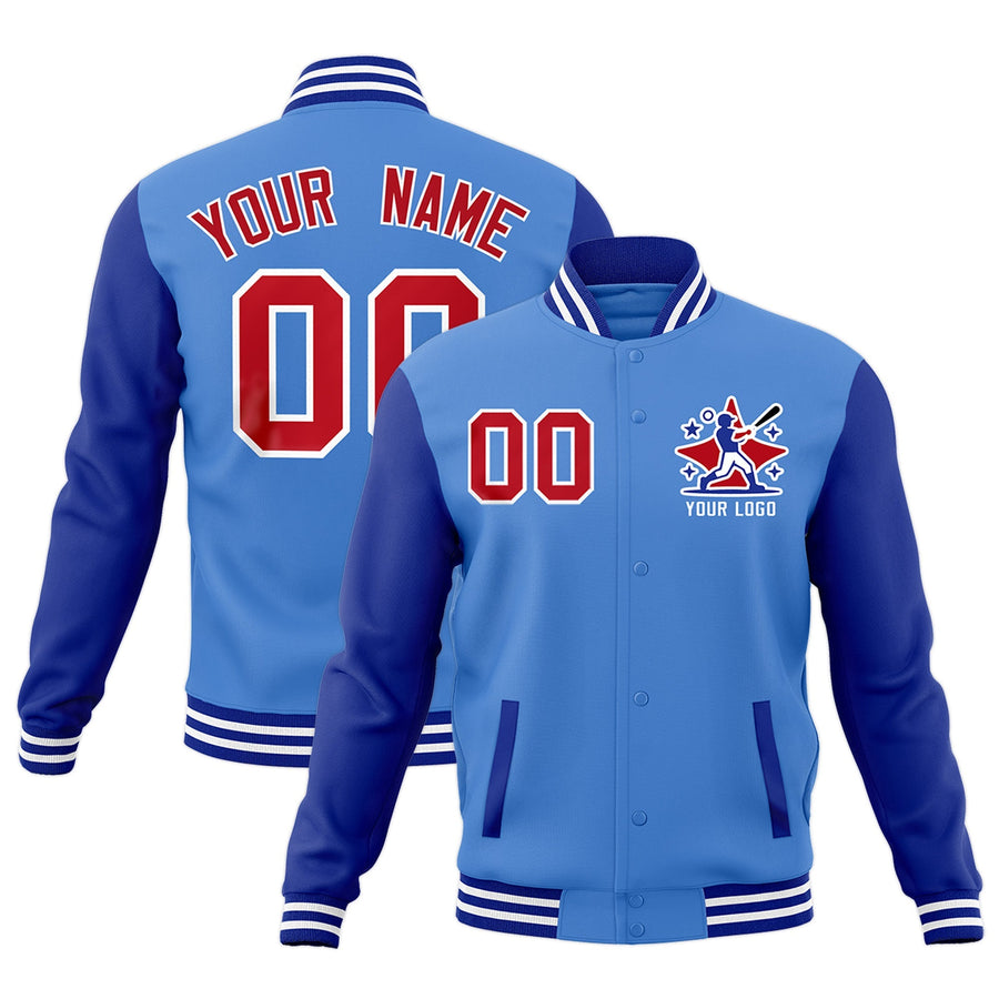 Custom Powder Blue Royal Blue White Raglan Sleeves Full-Snap Letterman Cotton Fabric Jacket | BuyFootballJersey
