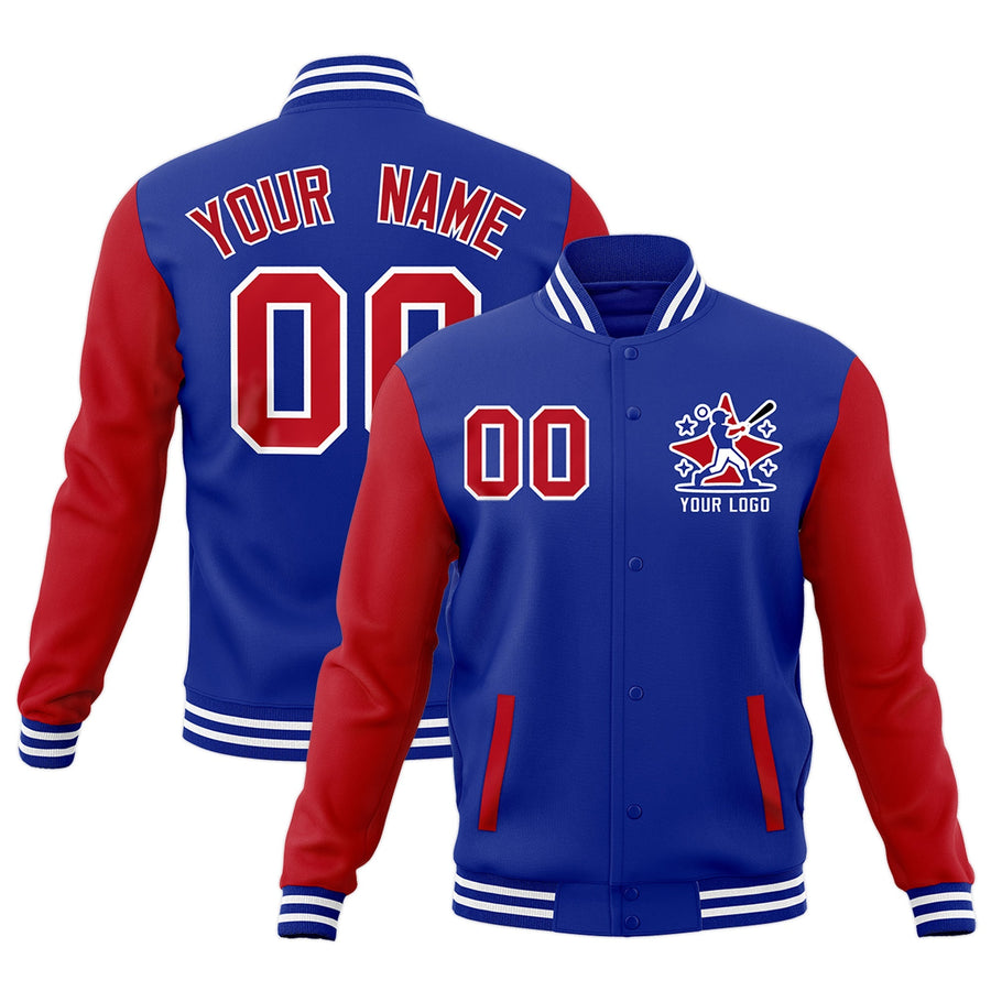 Custom Red Royal Blue White Raglan Sleeves Full-Snap Letterman Cotton Fabric Jacket | BuyFootballJersey