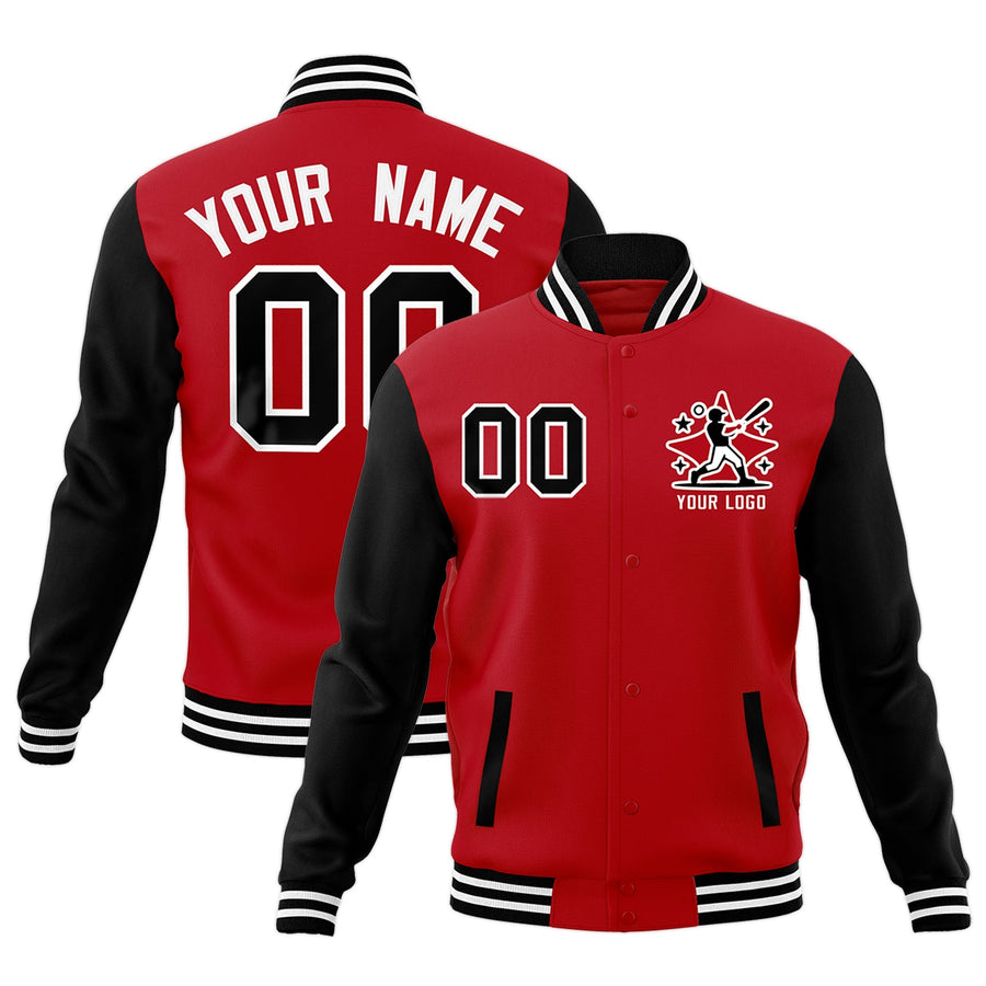 Custom Black Red White Raglan Sleeves Full-Snap Letterman Cotton Fabric Jacket | BuyFootballJersey