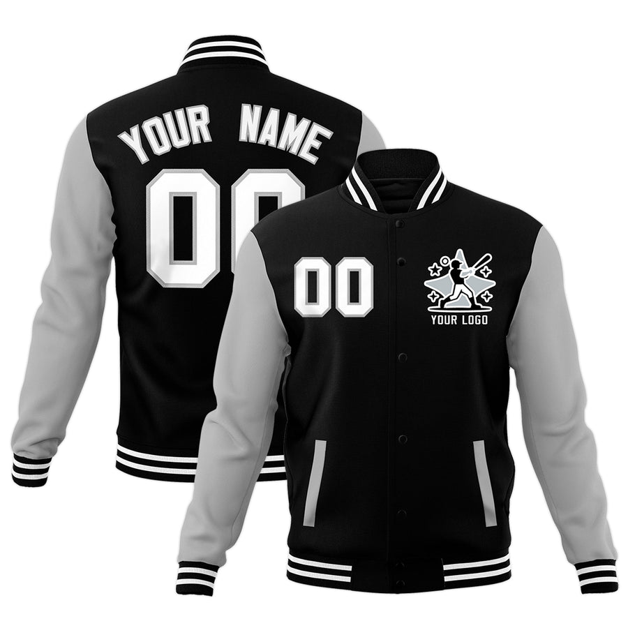 Custom Black Gray White Raglan Sleeves Full-Snap Letterman Cotton Fabric Jacket | BuyFootballJersey