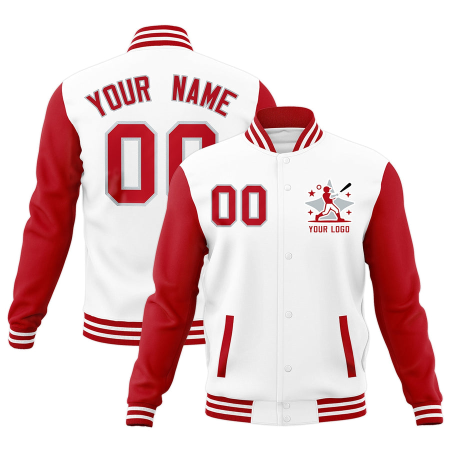 Custom White Red Gray Raglan Sleeves Full-Snap Letterman Cotton Fabric Jacket | BuyFootballJersey