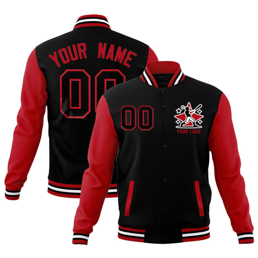 Custom Red White Black Raglan Sleeves Full-Snap Letterman Cotton Fabric Jacket | BuyFootballJersey