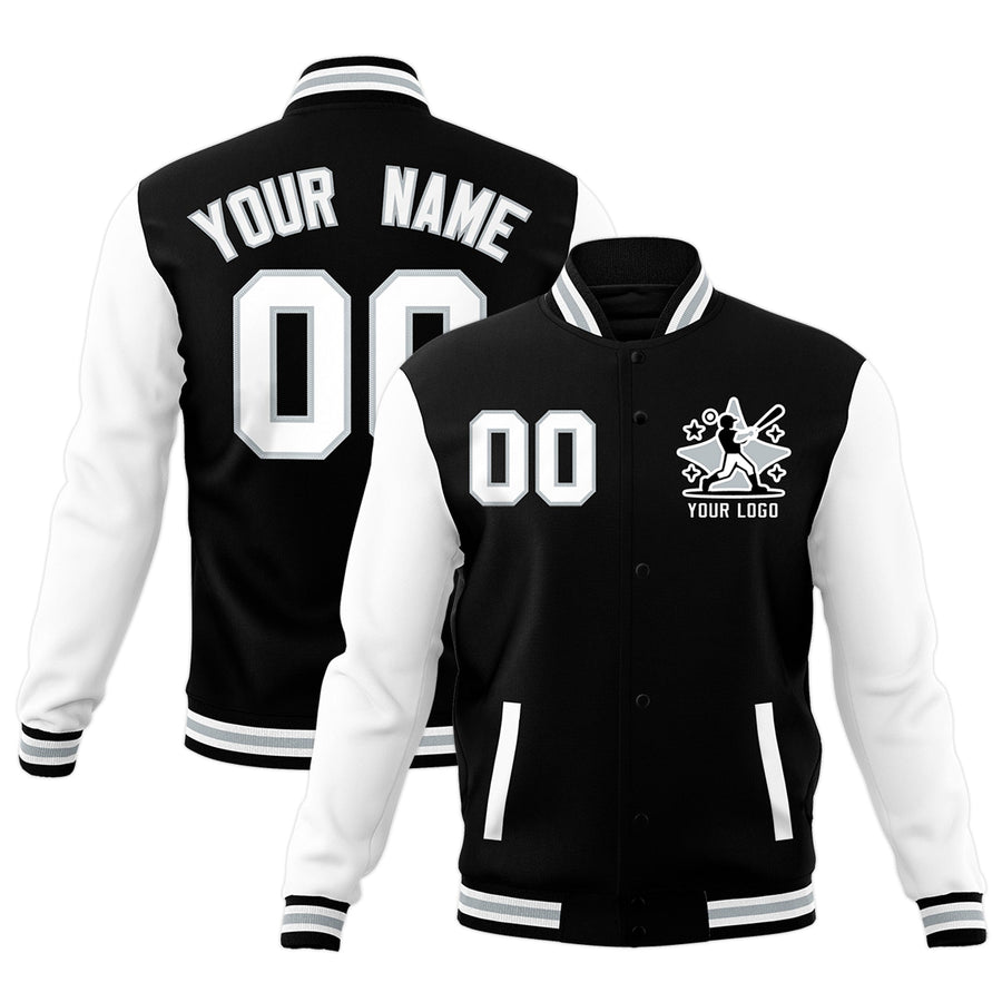 Custom Black White Gray Raglan Sleeves Full-Snap Letterman Cotton Fabric Jacket | BuyFootballJersey