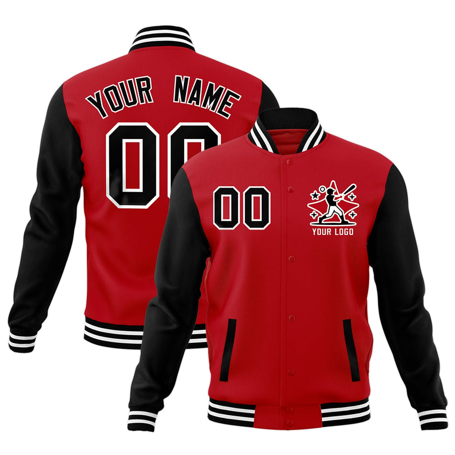 Custom Red Black White Raglan Sleeves Full-Snap Letterman Cotton Fabric Jacket | BuyFootballJersey
