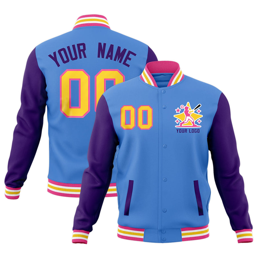 Custom Powder Blue Purple Pink Raglan Sleeves Full-Snap Letterman Cotton Fabric Jacket | BuyFootballJersey